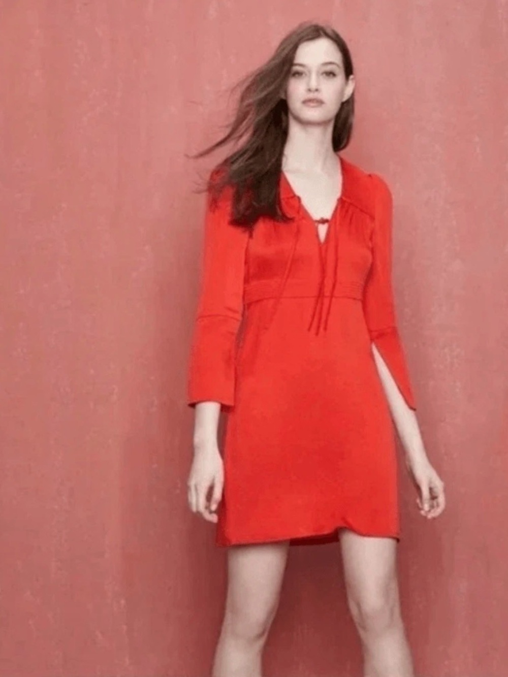 Maje Rahon Satin Red Long-Sleeve V-Neck Mini Dress